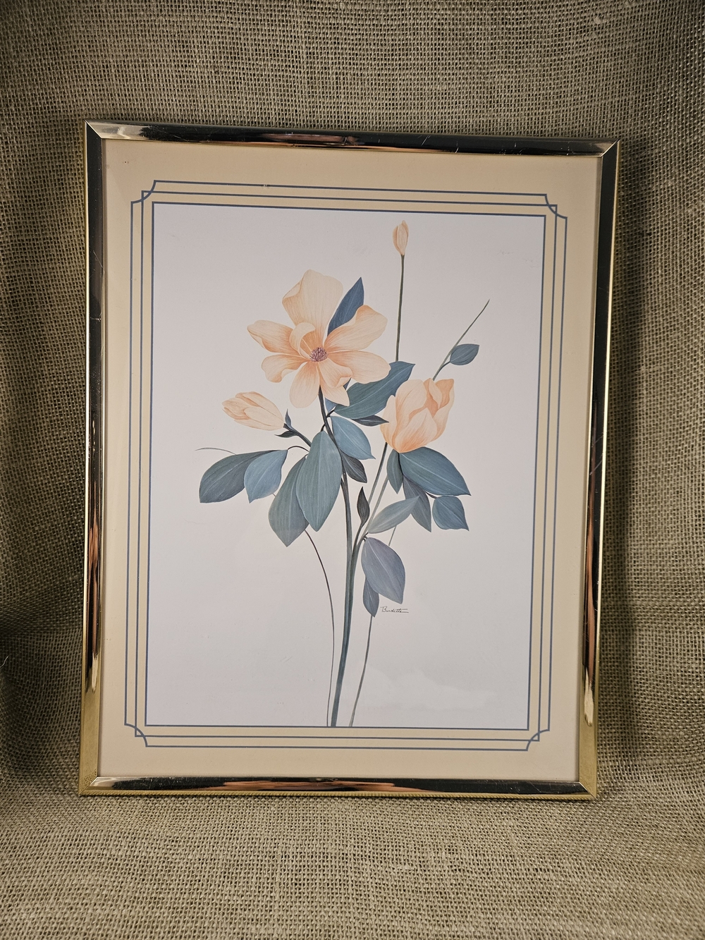 Floral Botanical Print in Gold Frame - Trending Decor Colors Peach & Sage 80s
